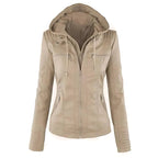 Front view of beige faux leather biker jacket with hood, zip pockets and stitched panel detailing