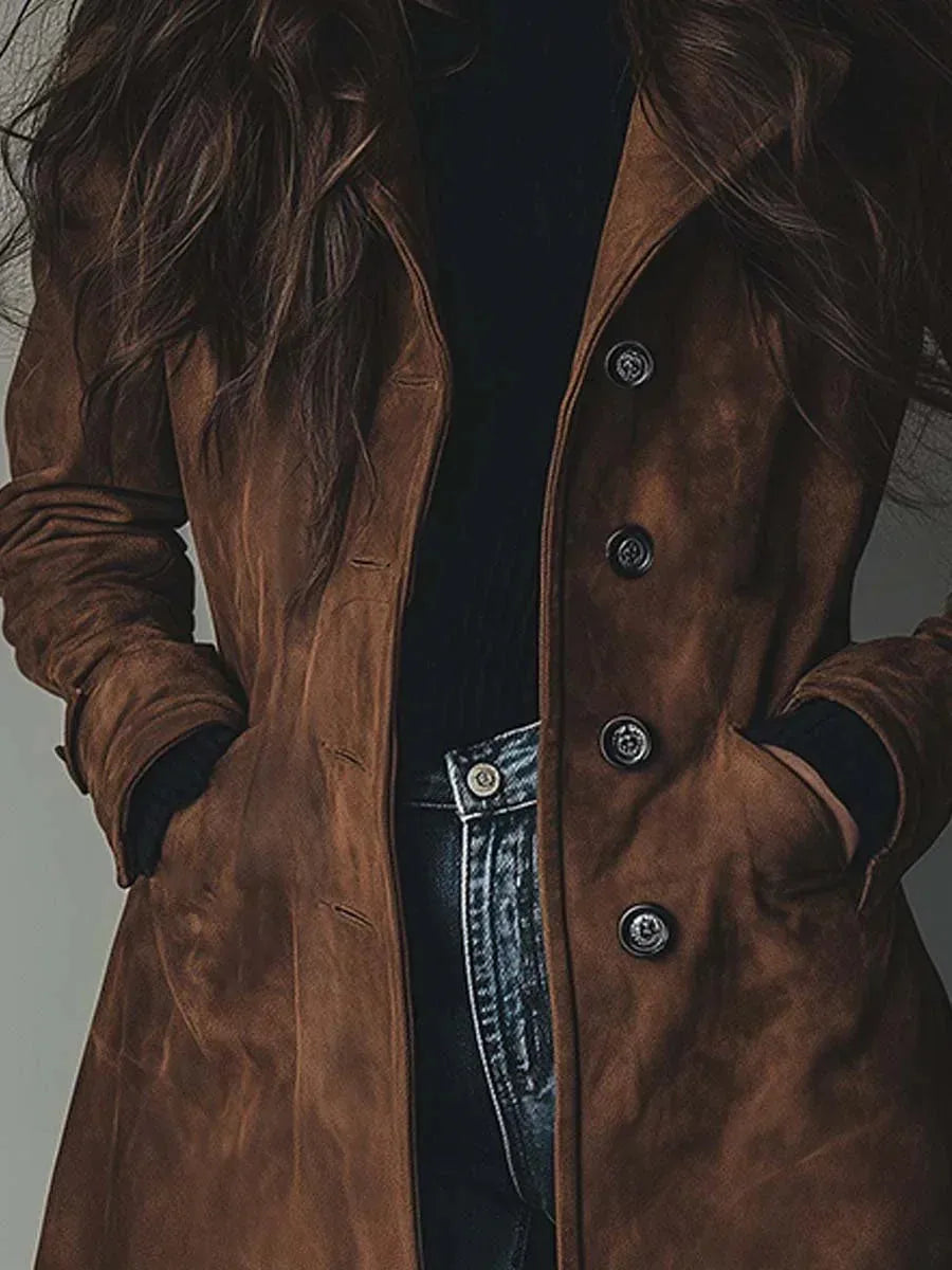 Detailed view of brown suede-effect trench coat front buttons and welt pockets against a black jumper