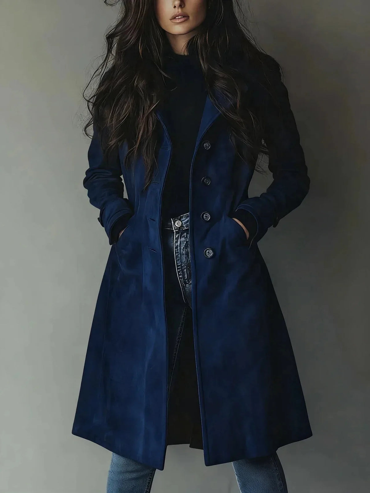 Front view of the coat in dark navy faux suede, styled open over a black jumper and denim jeans