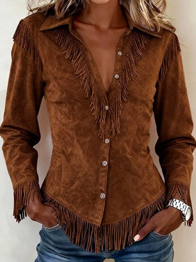 Rich brown faux suede western shirt with fringe detailing along the yoke and cuffs, front view