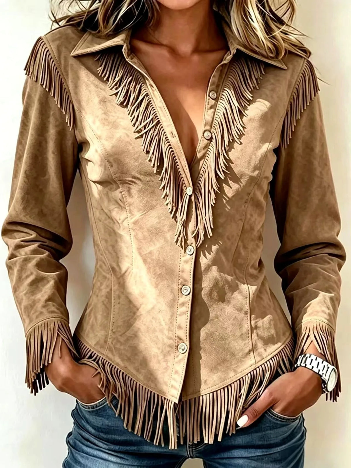 Camel-tone faux suede fringe shirt highlighting the fitted waist seams and fringed hemline