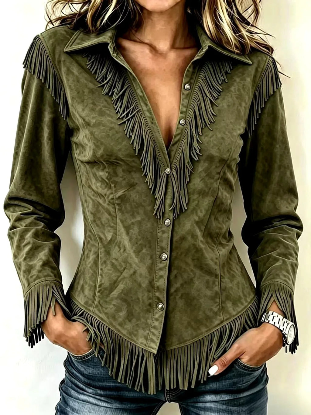 Khaki green faux suede western shirt with fringe trim, paired with denim jeans, front close-up