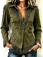 Khaki green faux suede western shirt with fringe trim, paired with denim jeans, front close-up