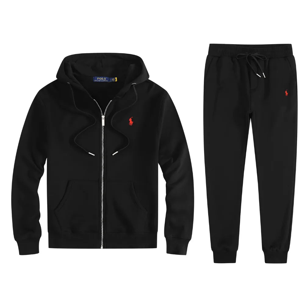 Black fleece full-zip hoodie and matching jogger tracksuit laid flat, showing red embroidered logo on chest
