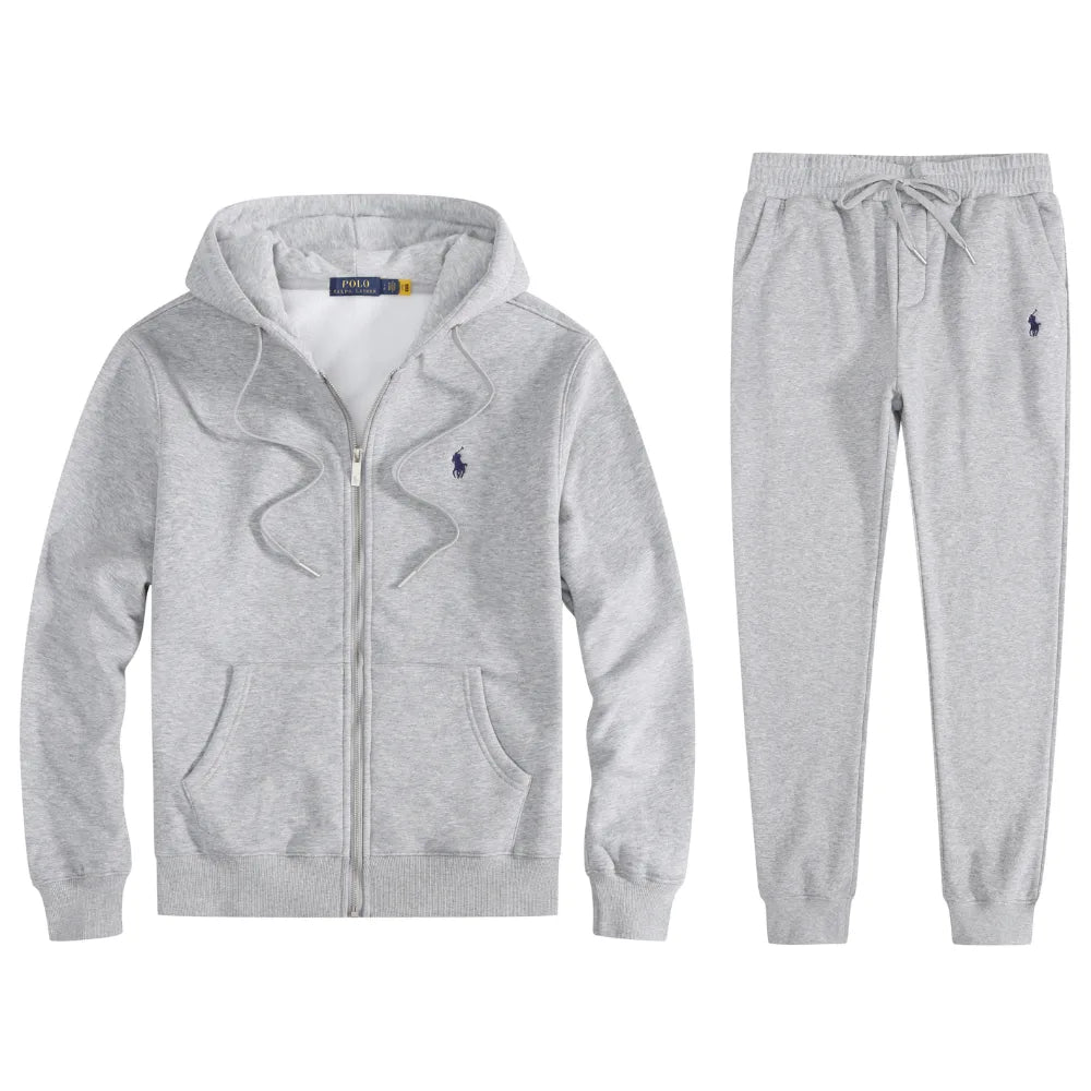 Light grey marl full-zip hoodie and jogger set with navy embroidered logo, shown flat