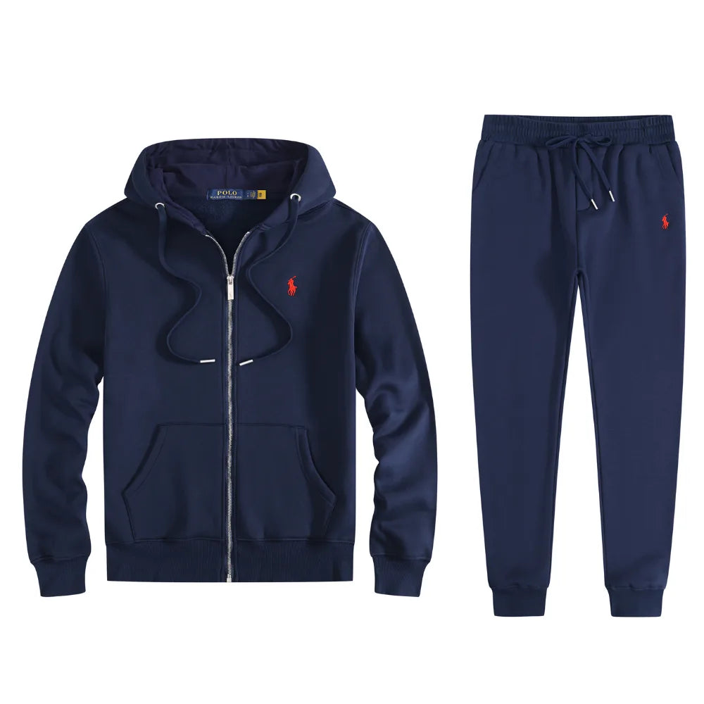 Navy full-zip hooded tracksuit with red embroidered logo, hoodie and jogger bottoms laid flat