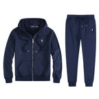 Navy fleece hoodie and jogger set with white embroidered logo, drawstring hood and ribbed cuffs visible