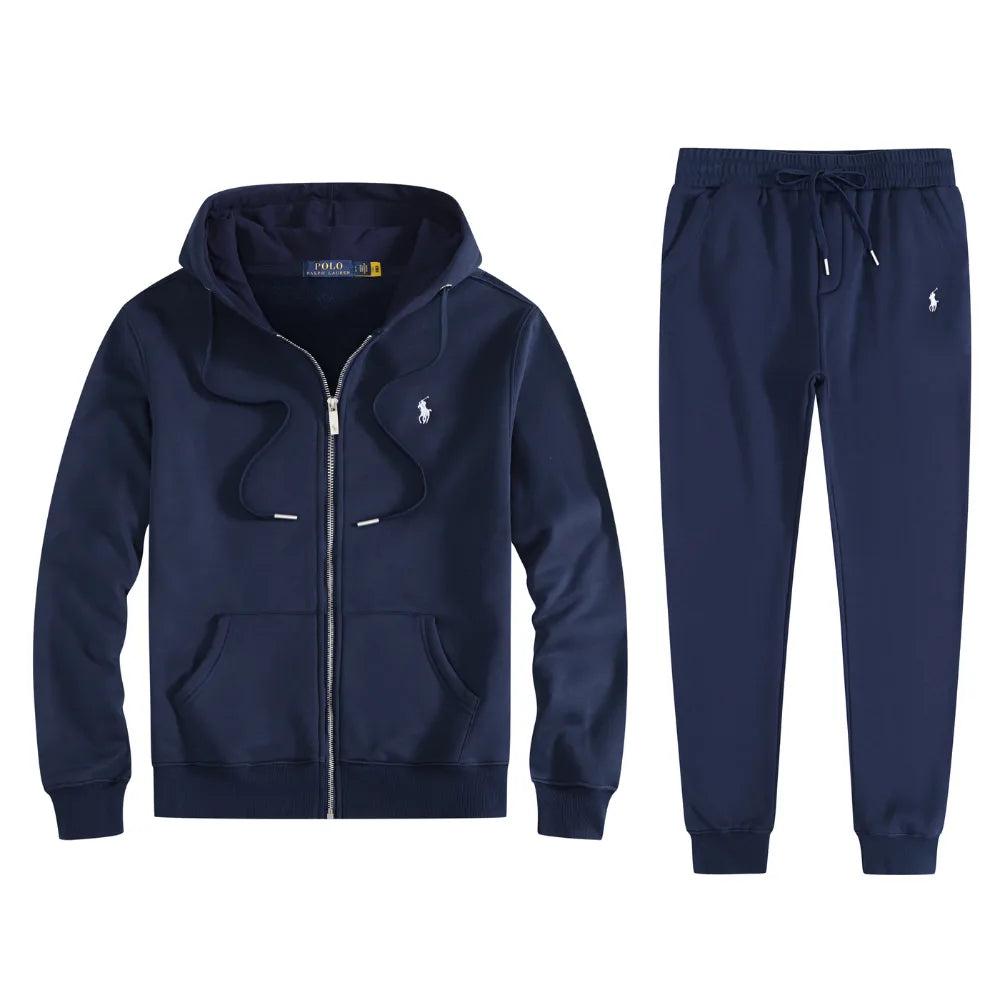 Navy fleece hoodie and jogger set with white embroidered logo, drawstring hood and ribbed cuffs visible