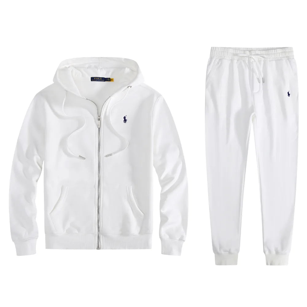 White full-zip hoodie and jogger tracksuit laid flat, showing navy embroidered logo and drawstring hood