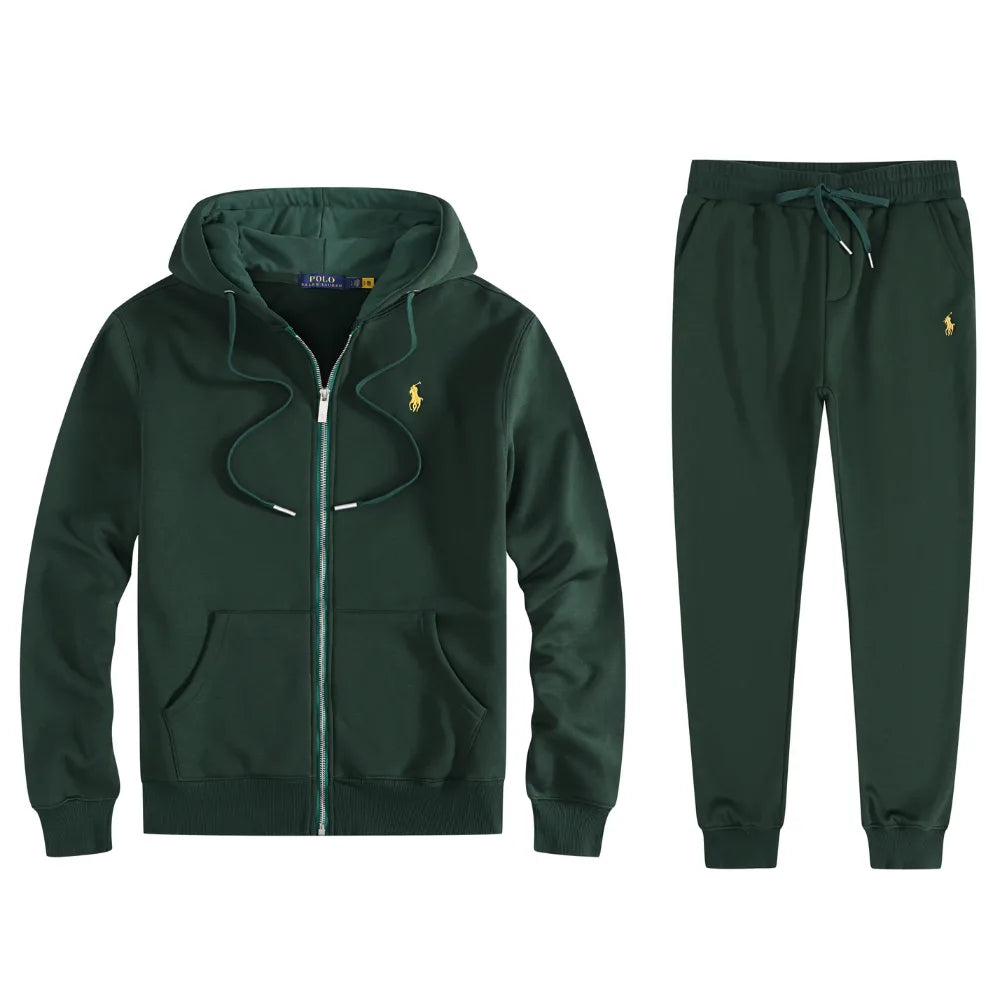 Dark green fleece hoodie and jogger set laid flat with yellow embroidered logo and ribbed hem