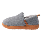 Pair of light grey slip-on slippers arranged to show both the soft upper and the grippy tan sole