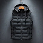 Black fleece-lined hooded gilet with chest badge and zipped side pockets, front view on hanger