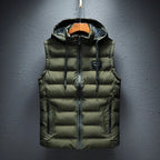 Army green quilted hooded gilet with full zip and drawstring hood, hanging against a grey wall