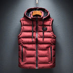 Deep red padded hooded gilet with stand collar and zipped chest pocket, front view on hanger