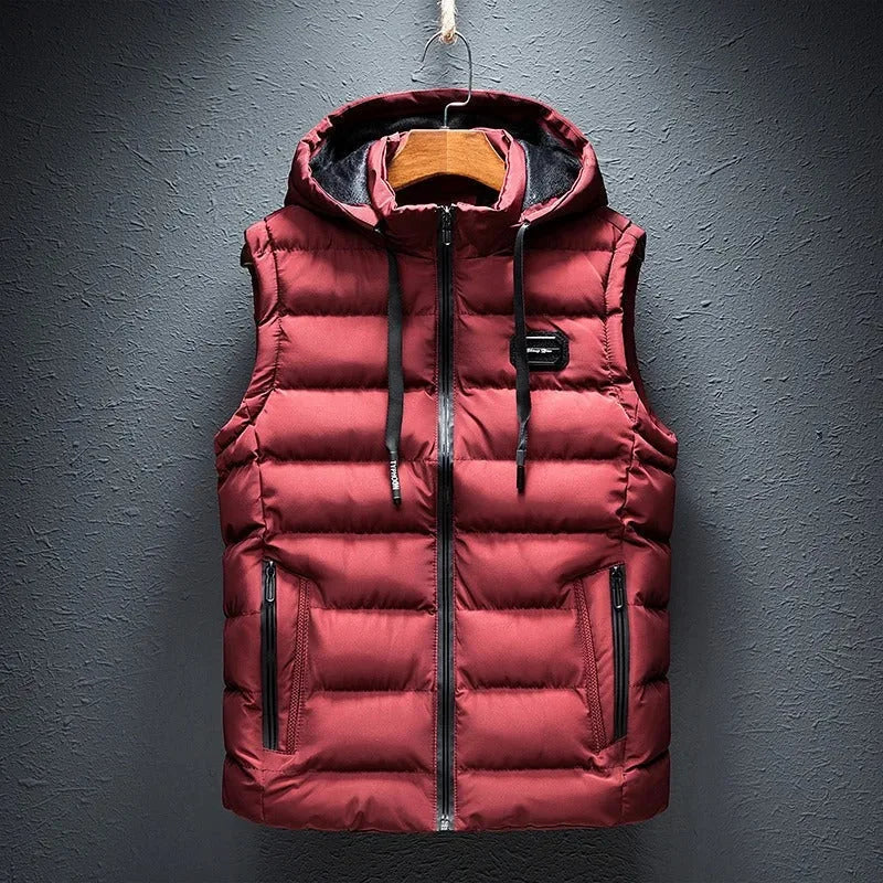 Deep red padded hooded gilet with stand collar and zipped chest pocket, front view on hanger