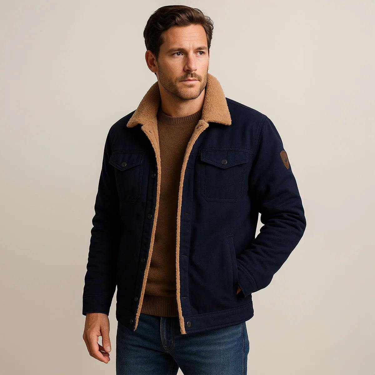 Side angle of the sherpa collar folded back to reveal the soft fleece lining inside