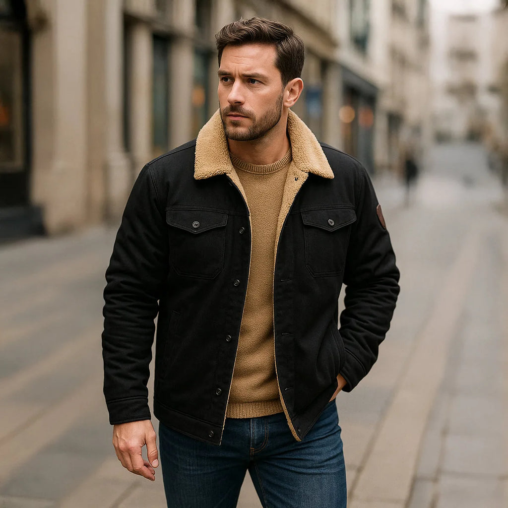 Man wearing a dark jacket with sherpa collar over a mustard jumper and dark trousers
