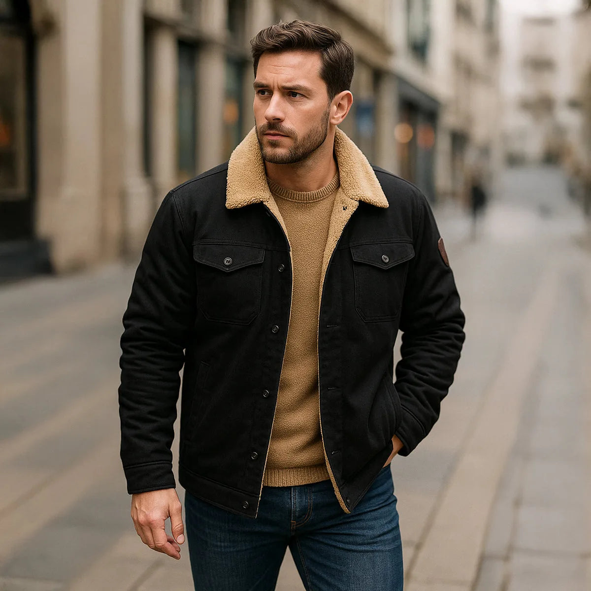 Man wearing a dark jacket with sherpa collar over a mustard jumper and dark trousers