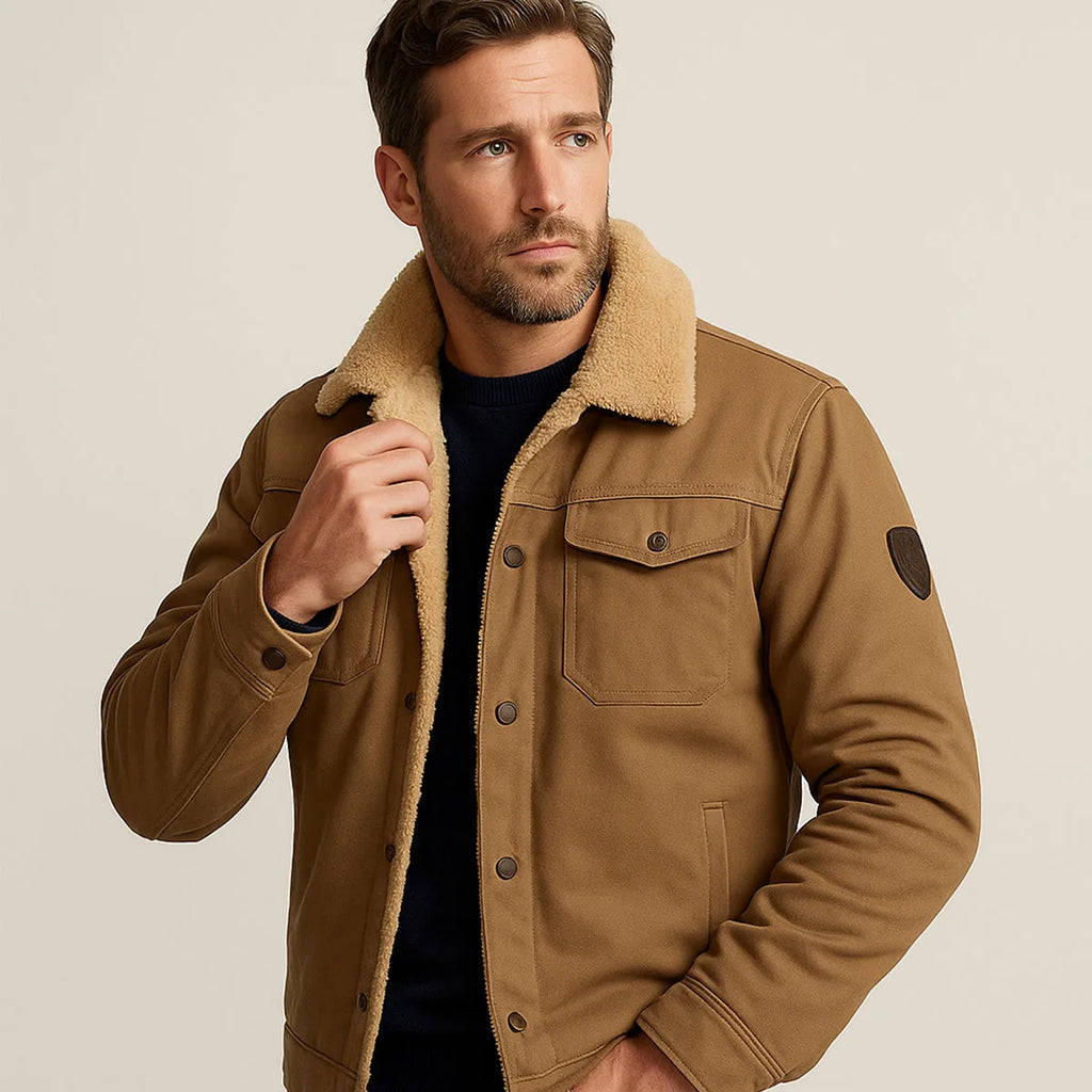 Man wearing a khaki fleece-lined jacket with sherpa collar open over a navy jumper