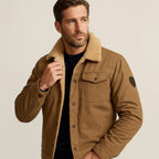 Man wearing a khaki fleece-lined jacket with sherpa collar open over a navy jumper