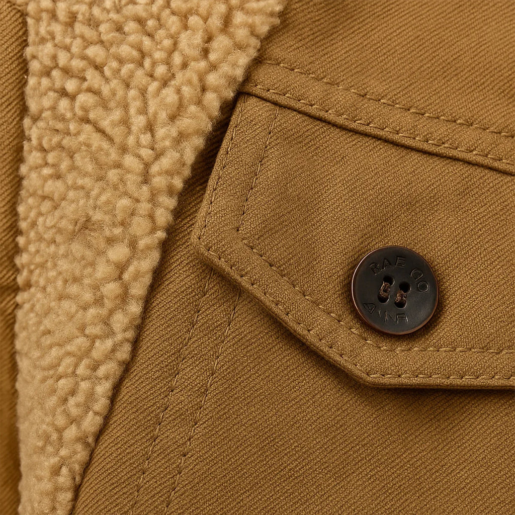 Close-up of the khaki fabric with a chest pocket flap, button detail and sherpa lining visible