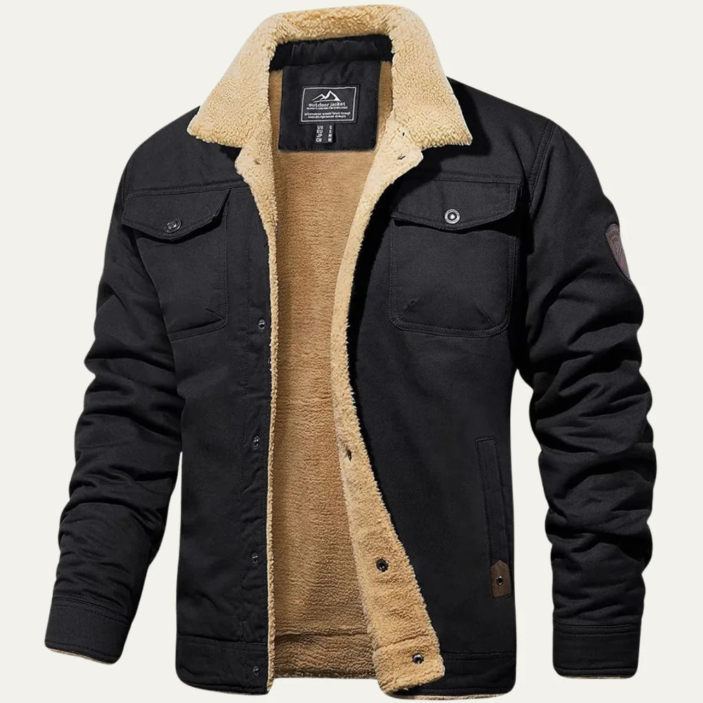 Front view of a black fleece-lined jacket with cream sherpa collar and twin chest pockets