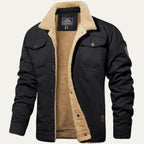 Front view of a black fleece-lined jacket with cream sherpa collar and twin chest pockets