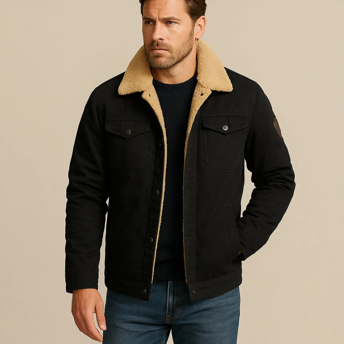 Man wearing a black trucker jacket with cream sherpa collar layered over a navy jumper