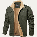 Front view of the jacket shown fully buttoned with sleeve badge detail and dual pockets