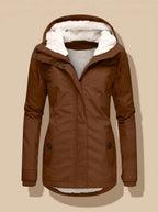 Brown hooded jacket displayed flat with plush cream fleece hood interior and snap flap pockets
