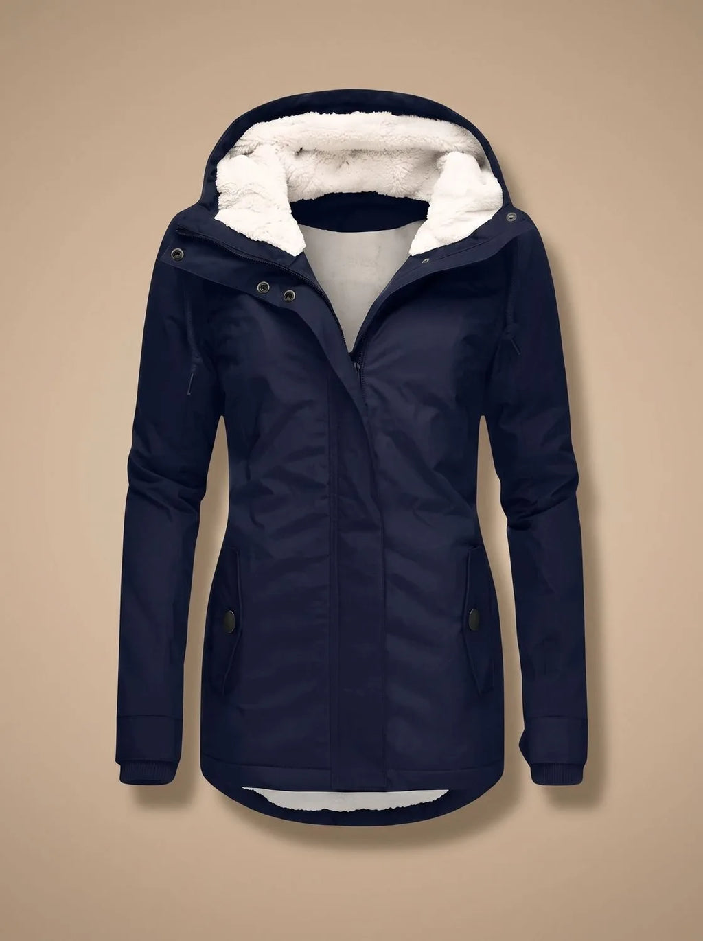 Navy blue hooded parka jacket, unzipped, showing soft cream fleece lining around the hood and collar