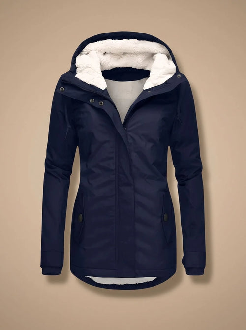 Navy blue hooded parka jacket, unzipped, showing soft cream fleece lining around the hood and collar