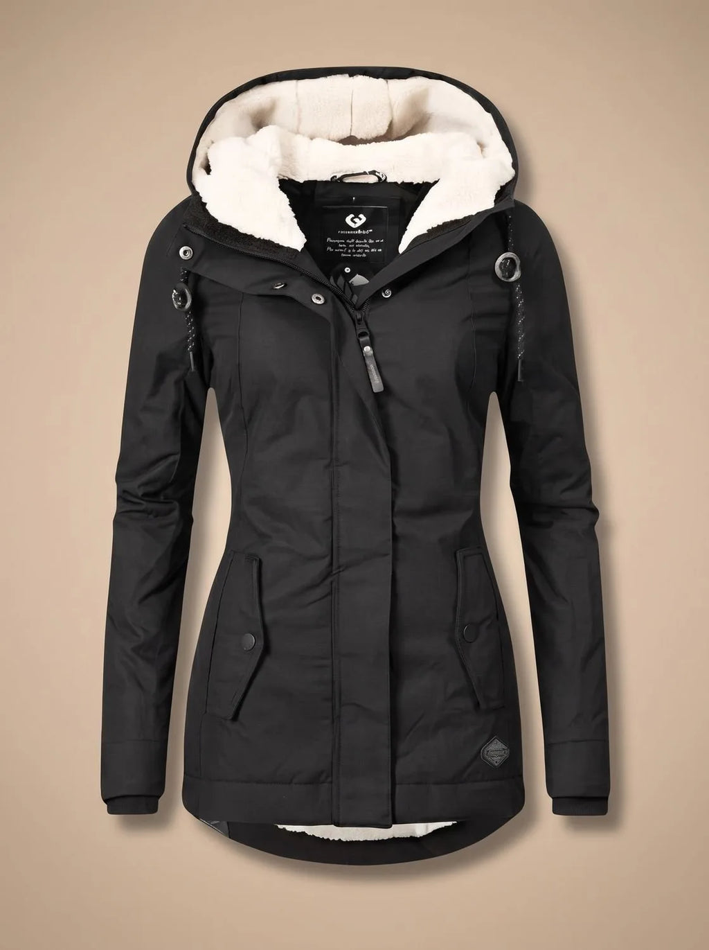 Black hooded parka with drawstring toggles at the hood and cream fleece lining, front zip half open