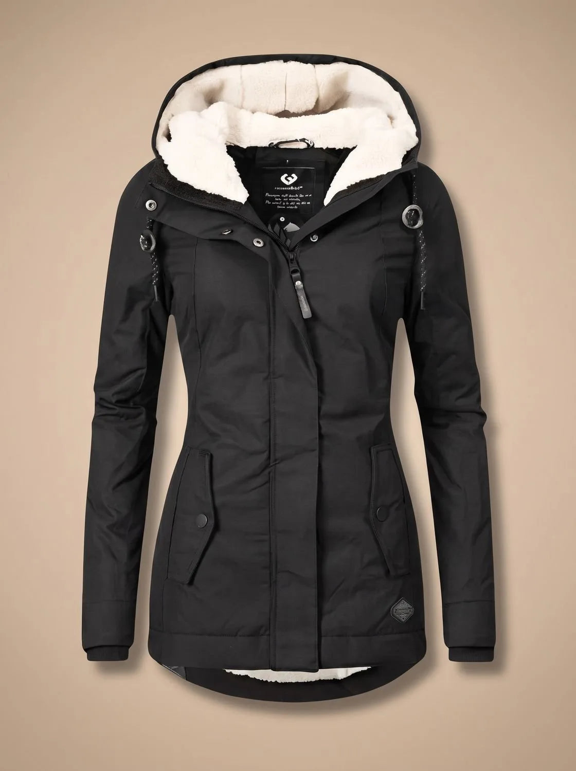 Black hooded parka with drawstring toggles at the hood and cream fleece lining, front zip half open