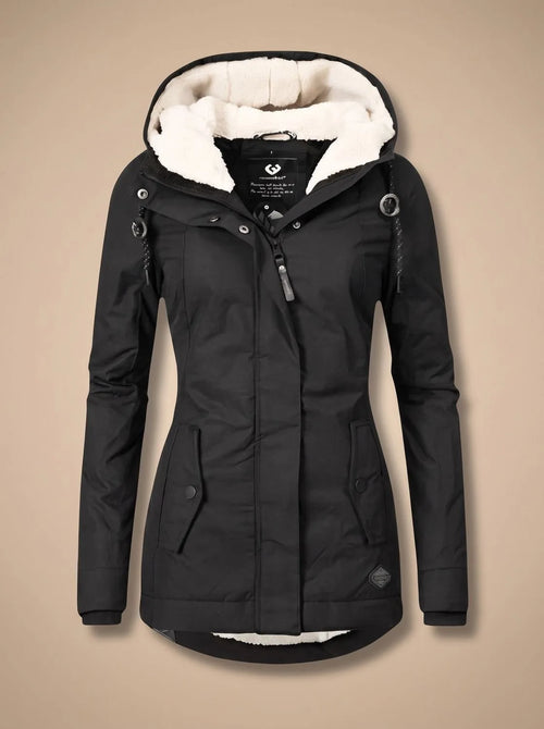 Black hooded parka with drawstring toggles at the hood and cream fleece lining, front zip half open