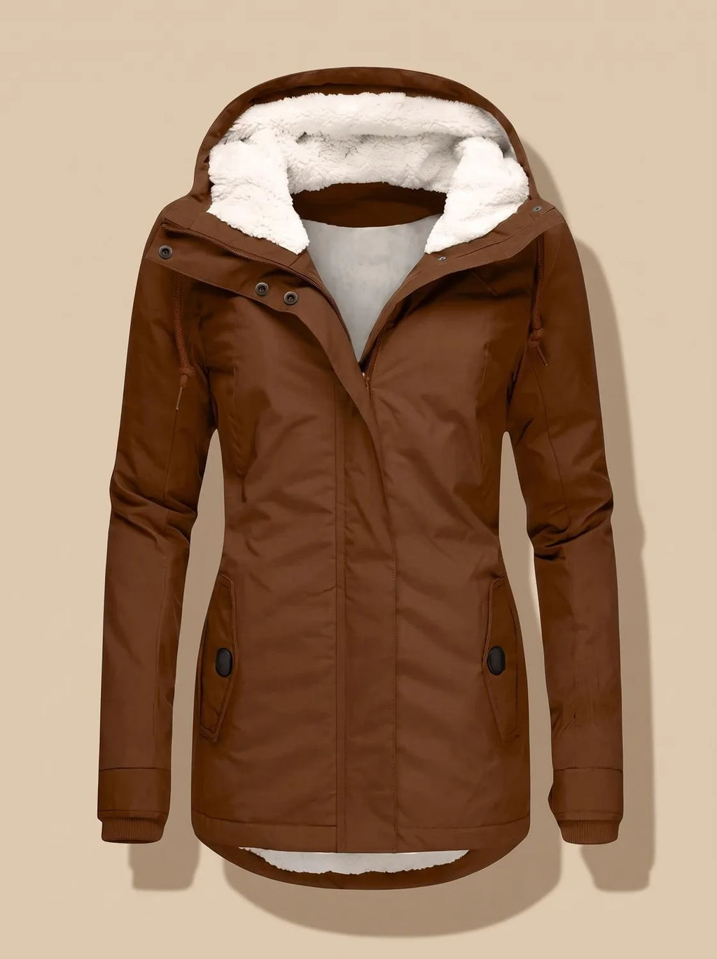 Rich brown hooded jacket with front pockets and popper fastenings, cream fleece visible inside the hood