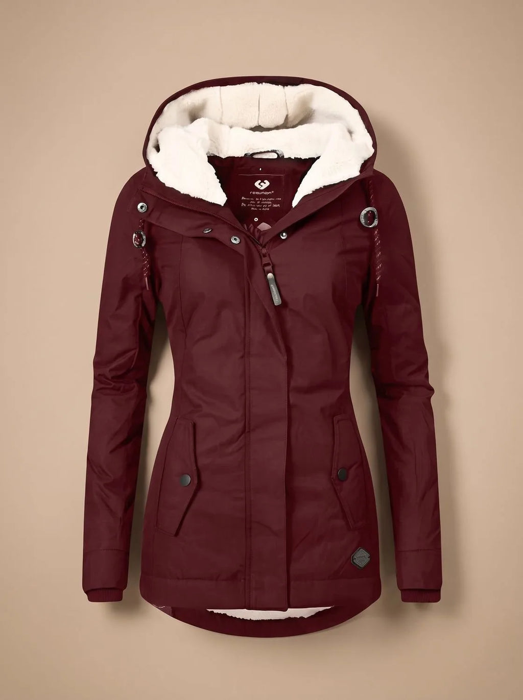 Burgundy hooded parka with drawstring toggle details and fleece-lined hood, shown from the front