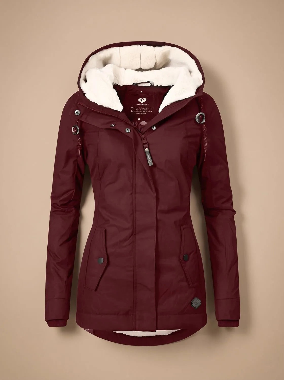 Burgundy hooded parka with drawstring toggle details and fleece-lined hood, shown from the front