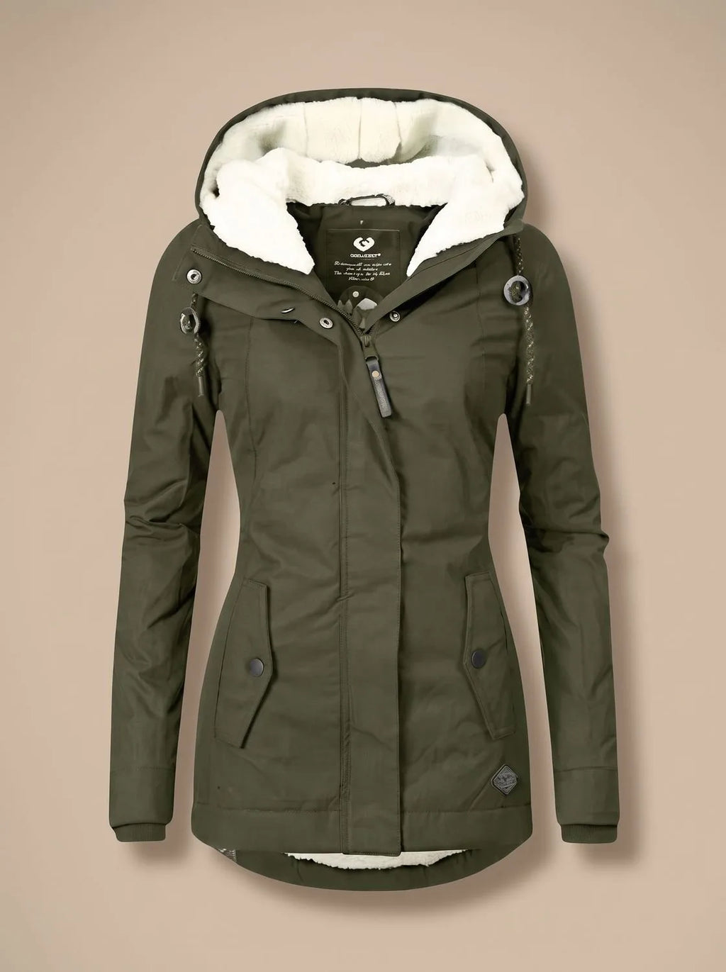Olive green hooded parka with popper flap pockets and toggle cords, cream fleece lining at the hood