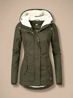Olive green hooded parka with popper flap pockets and toggle cords, cream fleece lining at the hood