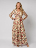 Beige floral print maxi dress with ruffled V-neckline and elasticated waist, front view