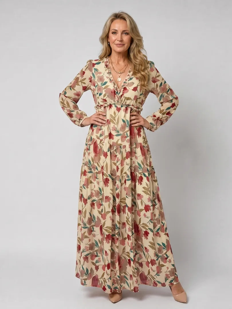 Beige floral print maxi dress with ruffled V-neckline and elasticated waist, front view