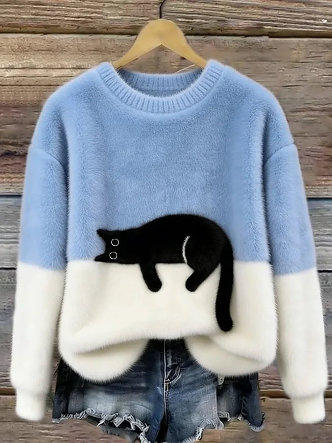 Close-up front view of the fuzzy colour-block jumper showing the ribbed crew neckline and cuffs