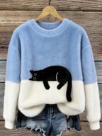 Close-up front view of the fuzzy colour-block jumper showing the ribbed crew neckline and cuffs