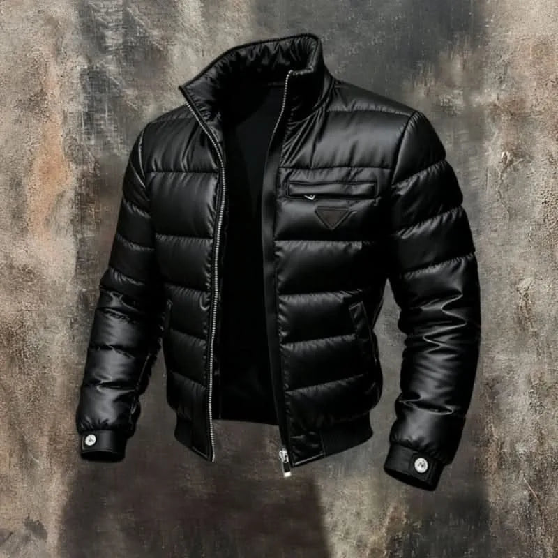 Front view of a glossy black men's puffer jacket, zipped up, with stand collar and chest pocket detail