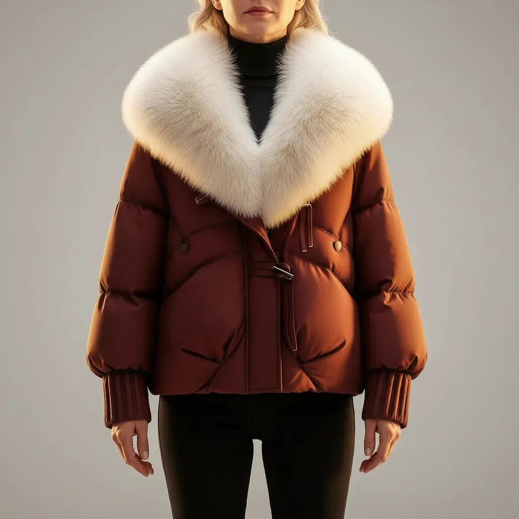 Front view of a woman wearing a red brown glossy puffer jacket with an oversized cream faux fur collar