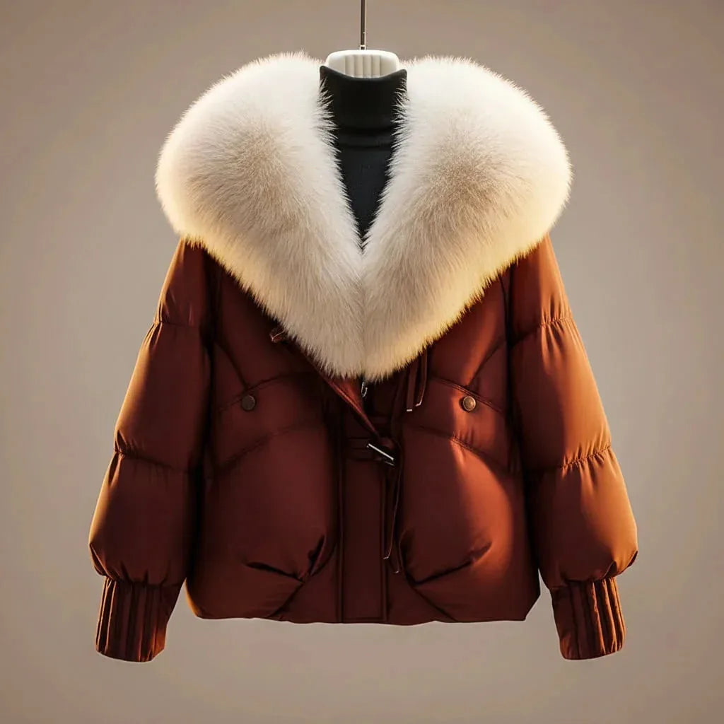 Red brown puffer jacket on a mannequin, showing the heart-shaped faux fur collar and belted waist