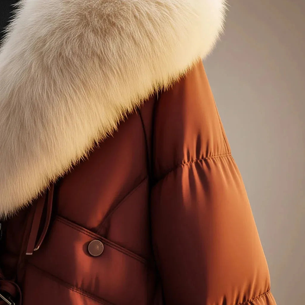 Close-up side view of the puffer jacket's glossy quilted shoulder and cream fur collar trim