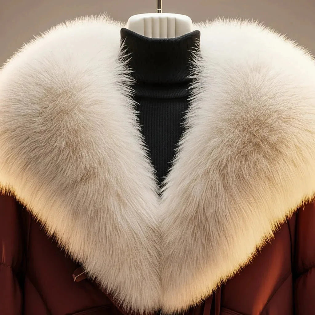 Detail of the plush cream faux fur collar framing a black polo neck jumper