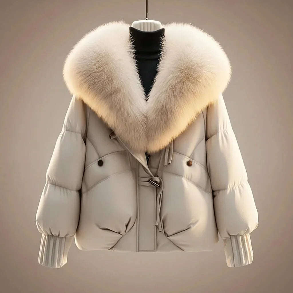 Cream white version of the puffer jacket with matching oversized faux fur collar on a mannequin